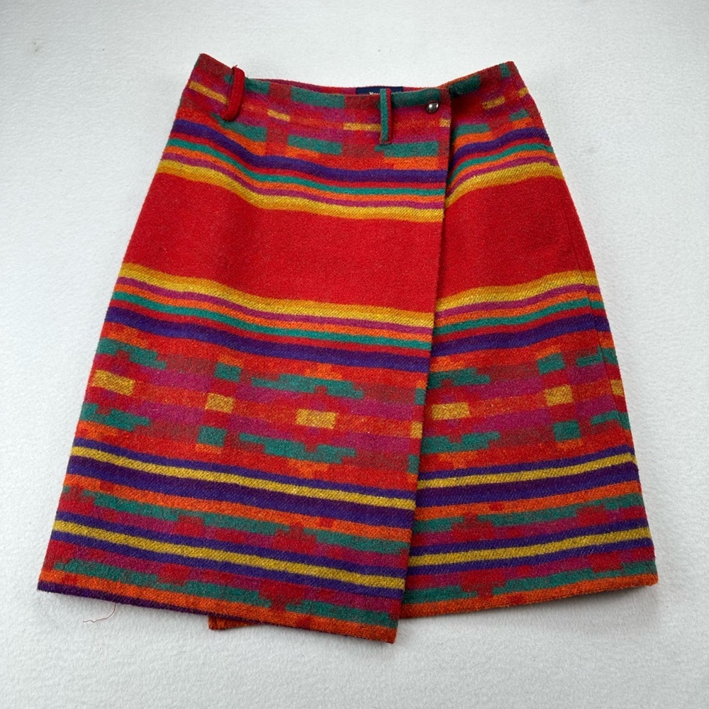 Breeches Vintage Wool Southwestern Stripe Wrap Skirt Red Multicolor Aztec Sz 12
